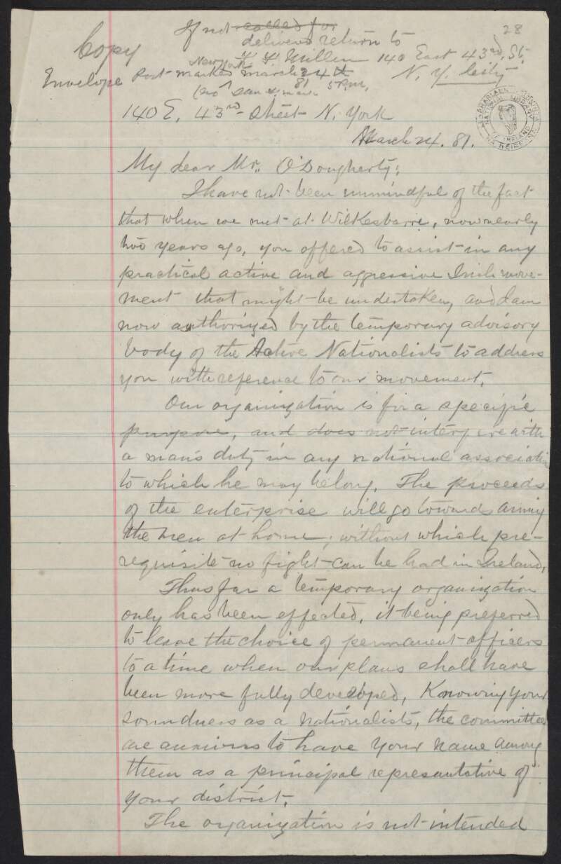 Letter from General F. F. Millen to Mr. O'Dougherty asking if he still interested in becoming active in an "agressive Irish movement",