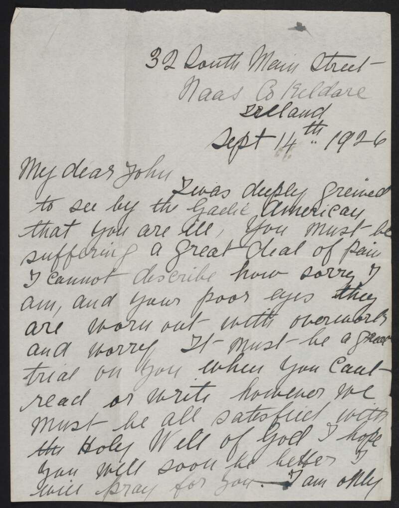 Letter from E. Kilmurry to John Devoy deeply grieved to read that he is ill,