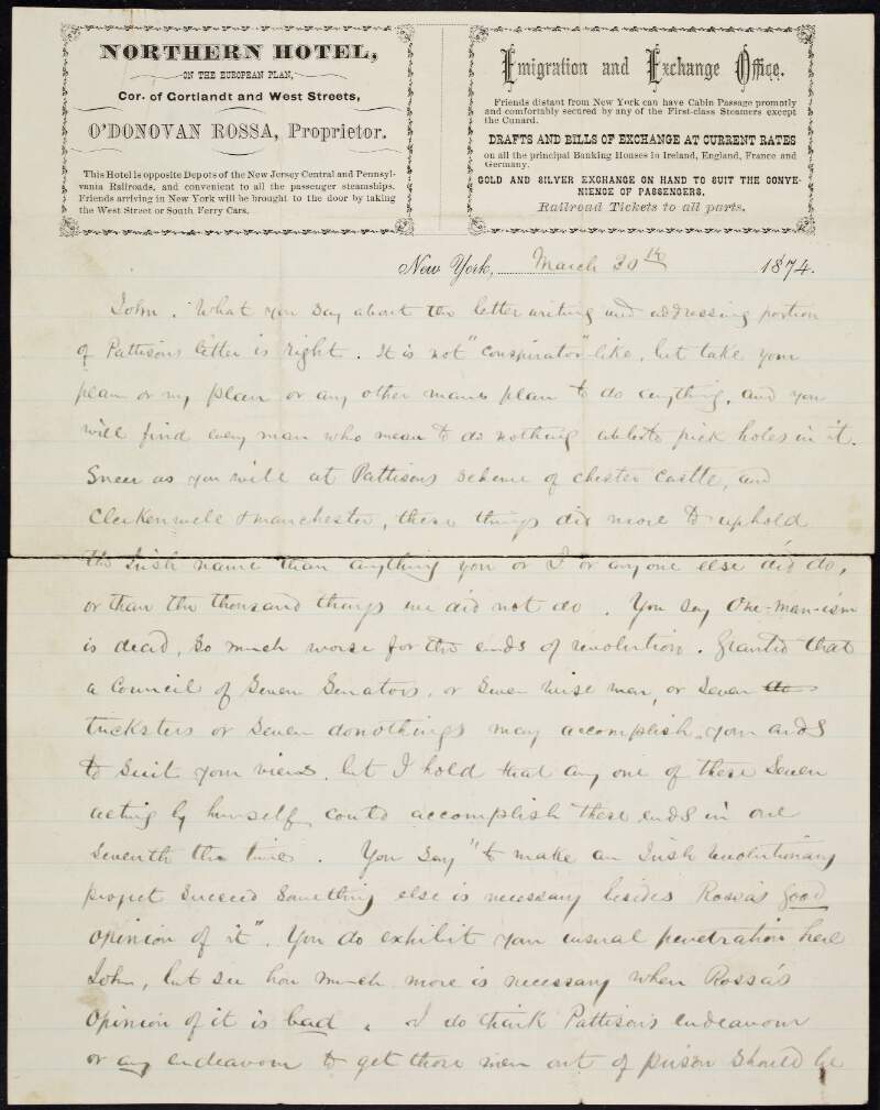 Letter from Jeremiah O'Donovan Rossa to John Devoy regarding Devoy's assessment of Captain John McCafferty's ("Pattison's") letter, and denouncement of a Secret Society,