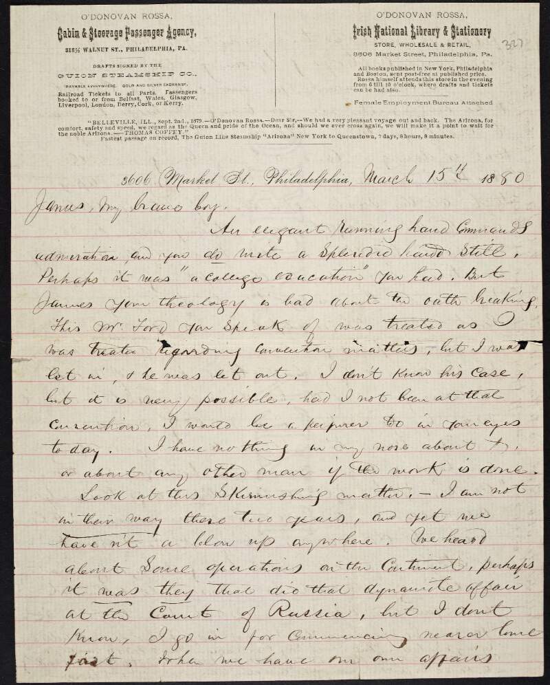 Letter from Jeremiah O'Donovan Rossa to "James" regarding the treatment received by John K. Ford, the Skirmishing Fund and the branding of Rossa as a "Kicker",
