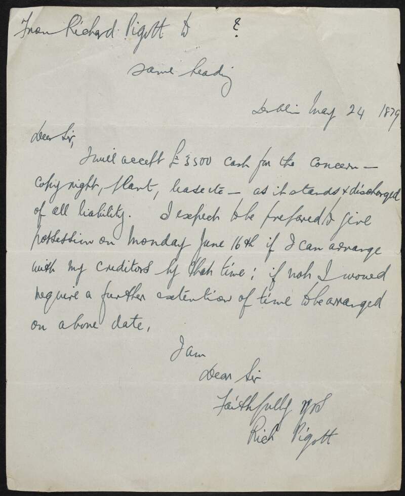 Letter from Richard Pigott to unknown recipient accepting £3500 for the purchase of the 'Irishman' newspaper,