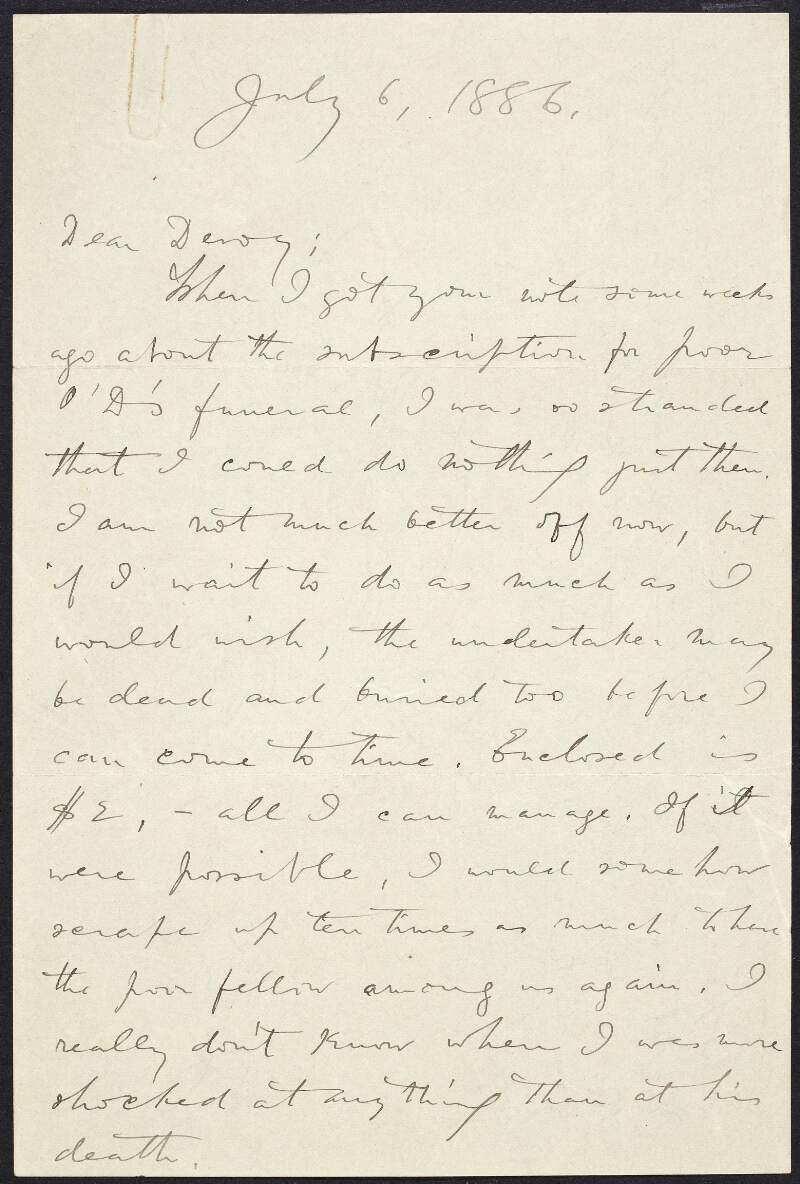 Letter from James Luby to John Devoy saying he was unable to do anything about a funeral inscription at time of writing,