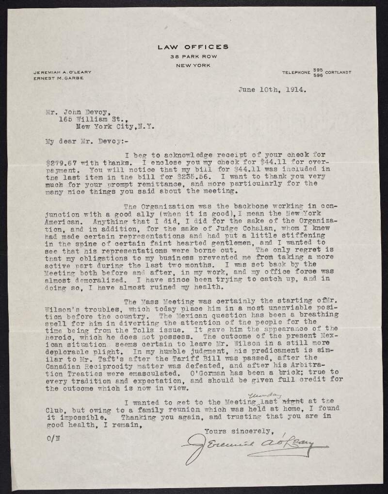Letter from Jeremiah A. O'Leary to John Devoy regarding a Mass Meeting organised in conjunction with the 'New York American' and Woodrow Wilson's intervention in Mexico,