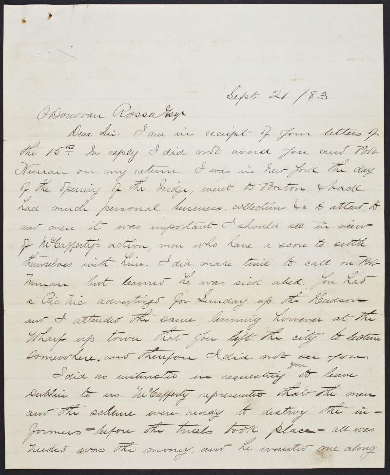 Letter from John D. McCarthy to O'Donovan Rossa about his charges against McCafferty,