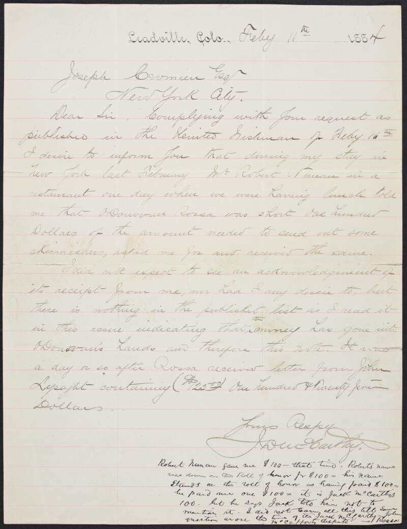 Letter from John D McCarthy to Joseph Cromien discussing a skirmishing fund and Rossa,