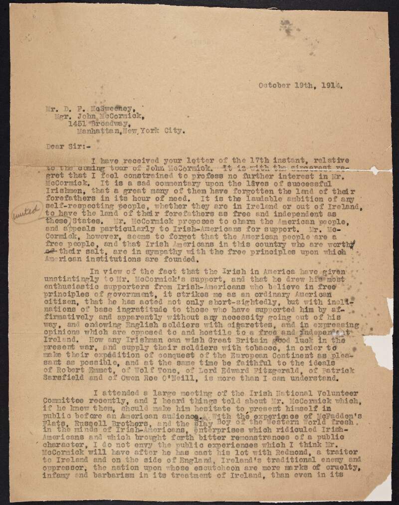 Letter from Jeremiah A. O'Leary to D. F. McSweeney, manager of John McCormack, raising objections to McCormack's upcoming tour of America,