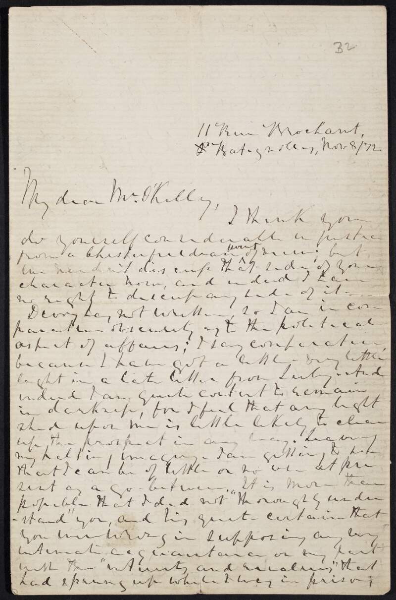 Letter from John O'Leary to James J. O'Kelly regarding publication of O'Kelly's plays, writing for his paper, procurement of arms, Fr Thomas Burke's responses to James Anthony Froude's lectures, Pagan O'Leary's request for a photograph, Jeremiah O'Donovan Rossa's behaviour in relation to Richard Pigott, and his nephew "King"'s departure for New York,
