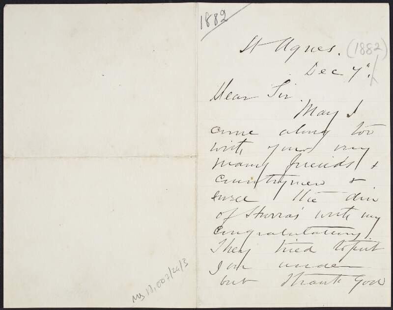 Letter from H. C. Macdowall to John Devoy asking him to come visit his many friends,