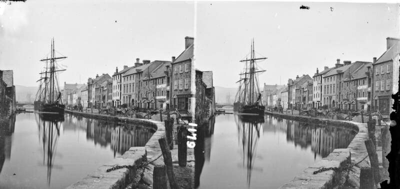 Merchant's Quay, canal in foreground carts on quay, 2 ships tied up, Newry, Co. Down