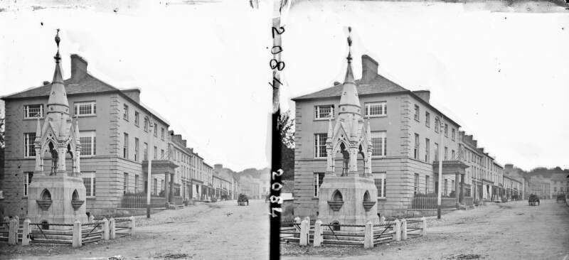 Street with drinking fountain erected 1872 as memorial to the Archdeacon of Lismore, Ambrose Power, Lismore, Co. Waterford