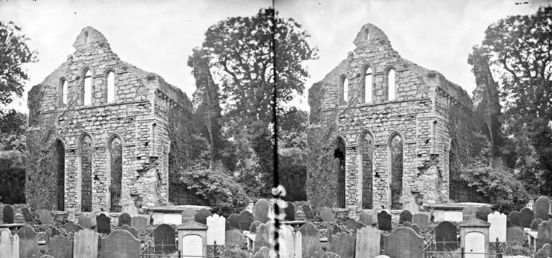 Ruined monastic/ecclesiastical building, 3 one-light windows in each of 3 storeys, in graveyards. Memorials to Millin, McCullough, Davidson, Co. Down