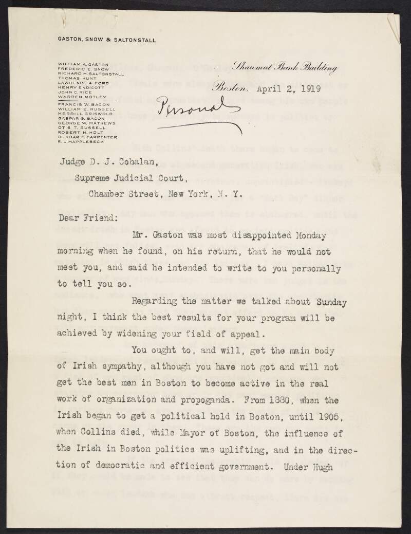 Letter from Edward F. McSweeney to D. J. Cohalan saying he should get a lot of support from the Irish in Boston ,