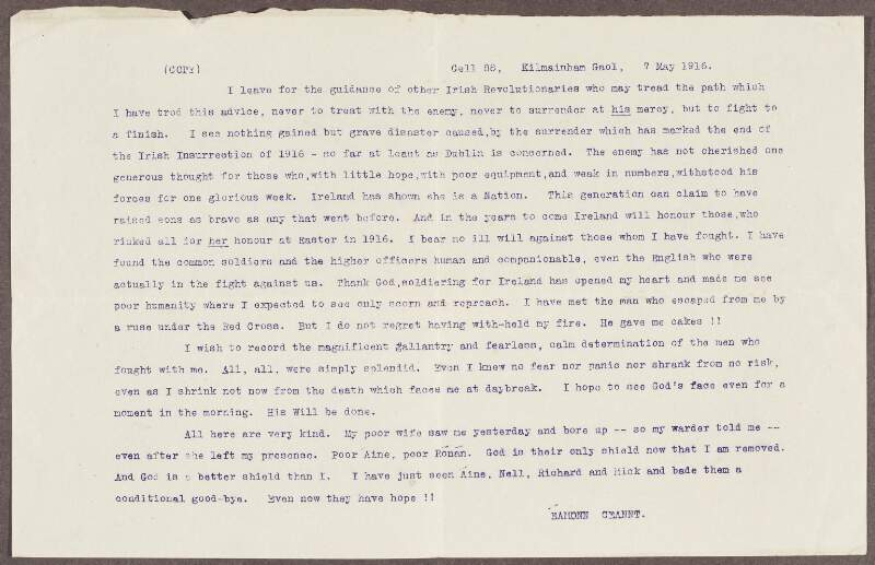 Typescript copy of last letter from Éamonn Ceannt, Cell 88, Kilmainham Gaol, before his execution,