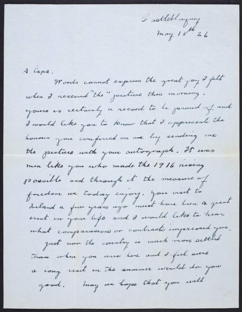 Letter from "Baby", Monaghan, to John Devoy thanking him for a picture of the "Cuba Five" and regarding preparations for the Irish general election,