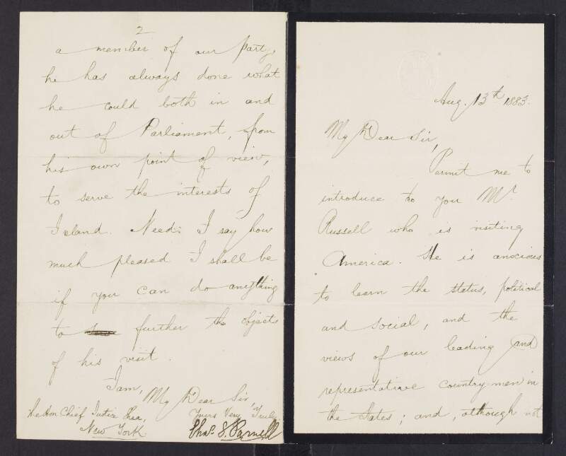 Letter of introduction from Charles Stewart Parnell to the Hon. Chief Justice George Shea of New York, for Charles Arthur Russell, Baron Russell of Killowen,