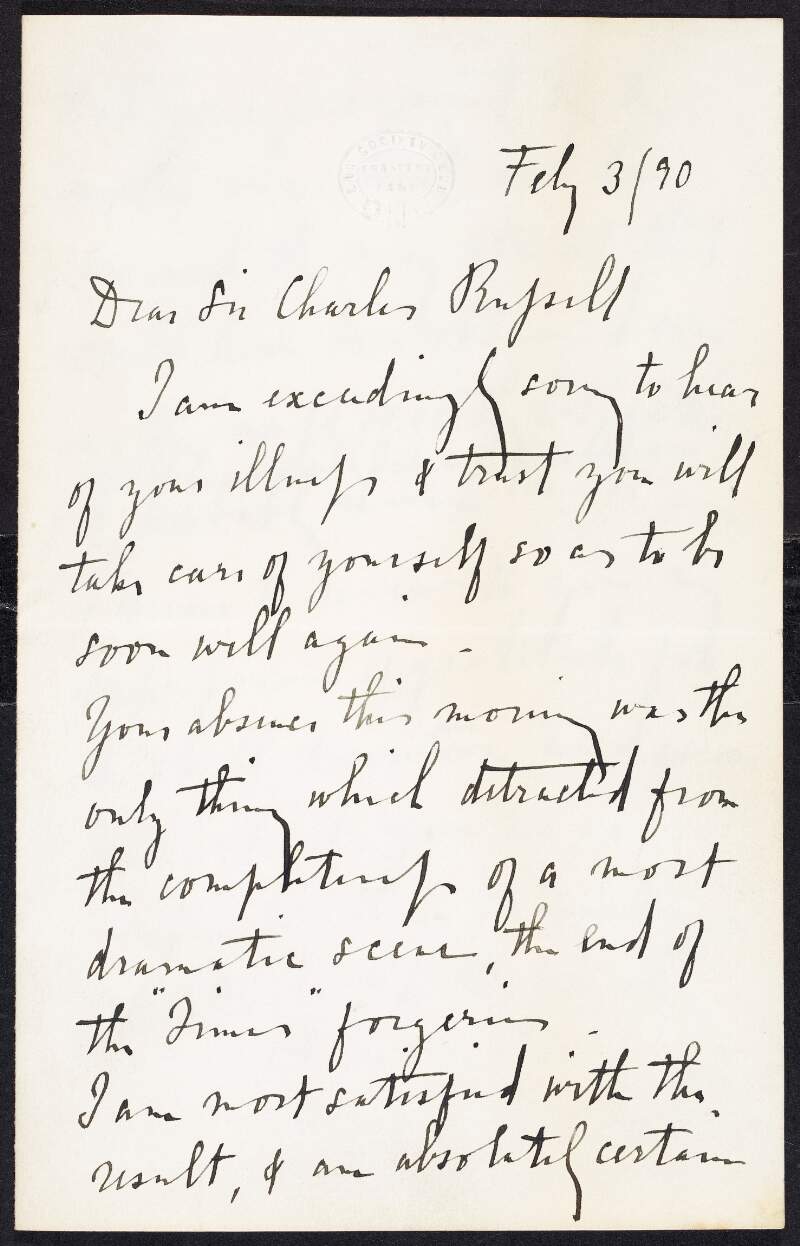 Letter from Charles Stewart Parnell to Sir Charles Russell, regarding the 'Times' hearings,
