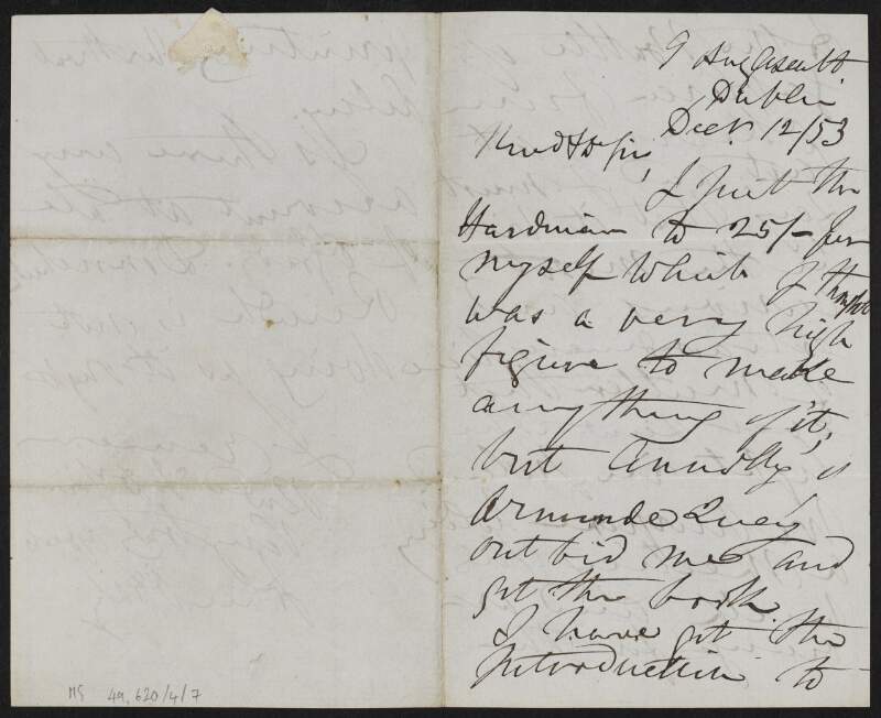 Letter from John O'Daly, 9 Anglesea St., Dublin, to Reverend James Goodman regarding being outbid for a book, with mention of Standish Hayes O'Grady and Donncha Ruadh Mac Conmara,
