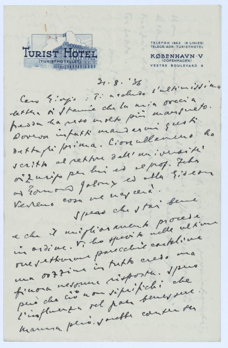 I.i.29. Letter: from James Joyce, Turist Hotel, Vestre Boulevard 8, Copenhagen to Giorgio Joyce,