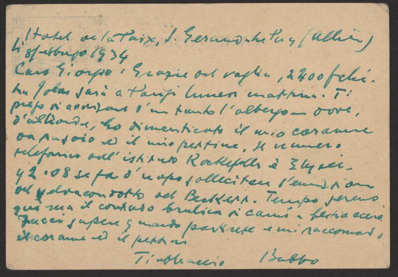 I.i.39. Postcard: from James Joyce, Hôtel de la Paix, St Gerand Le Puy, to Giorgo Joyce,