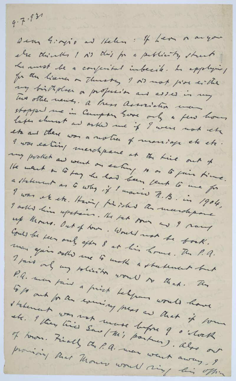 I.ii.3. Letter: from James Joyce, 28B Campden Grove, Kensington, London W.8 to Giorgio and Helen Joyce,