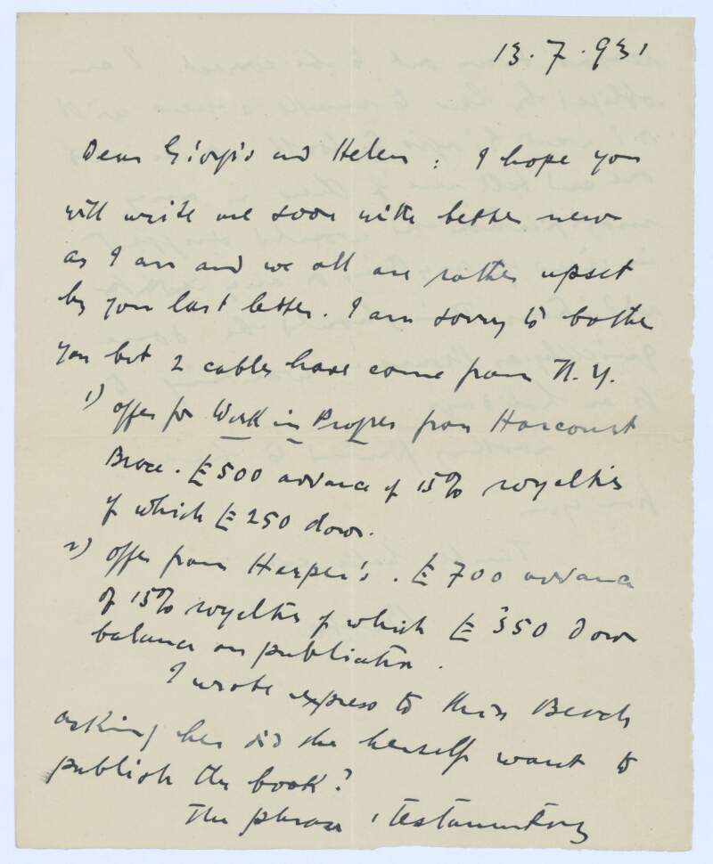 I.ii.4. Letter: from James Joyce, 28B Campden Grove, Kensington, London W.8 to Giorgio and Helen Joyce,