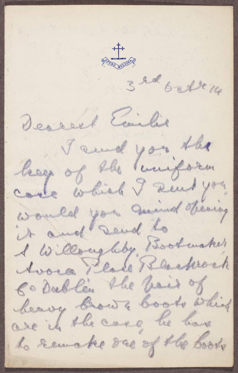 Letter from Captain Henry Telford Maffett, 2nd Battalion, Leinster Regiment, France, to his sister Emilie Harmsworth, requesting a few items to be sent to him including newspapers and a cardigan,