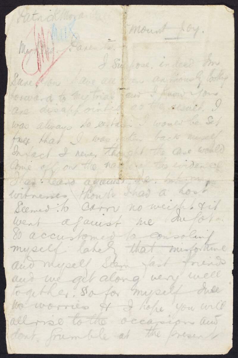 Letter from Patrick Moran, Mountjoy Gaol, Dublin, to his parents Bartholomew and Bridget Moran, about his trial and imprisonment,