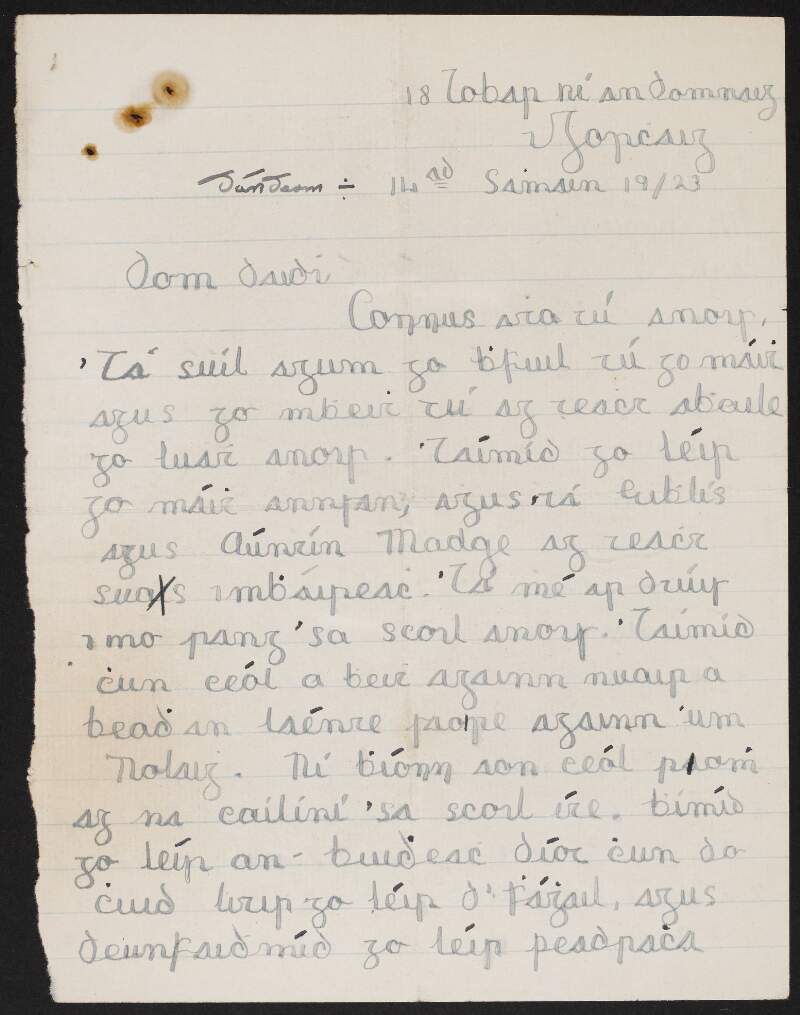 Letter in Irish from Una Cronin to her father Fred Cronin at Hare Park Camp (Curragh), Co. Kildare, giving him news about home,