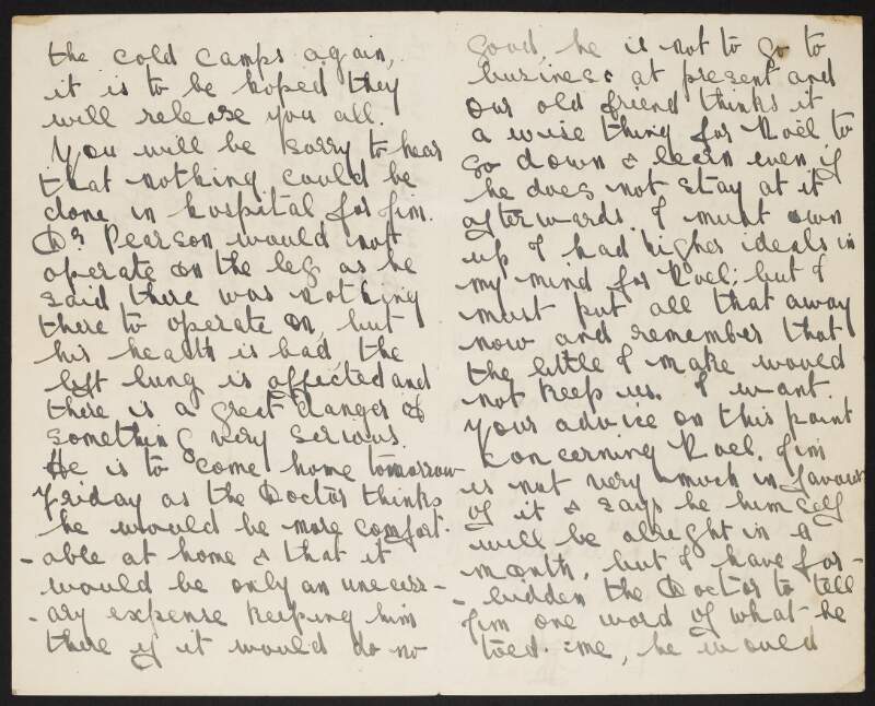 Letter from Madge Cronin to her brother Fred Cronin, Hare Park Camp (Curragh), Co. Kildare, expressing her relief that he has now been released from hospital and hoping that he will be home for Christmas,