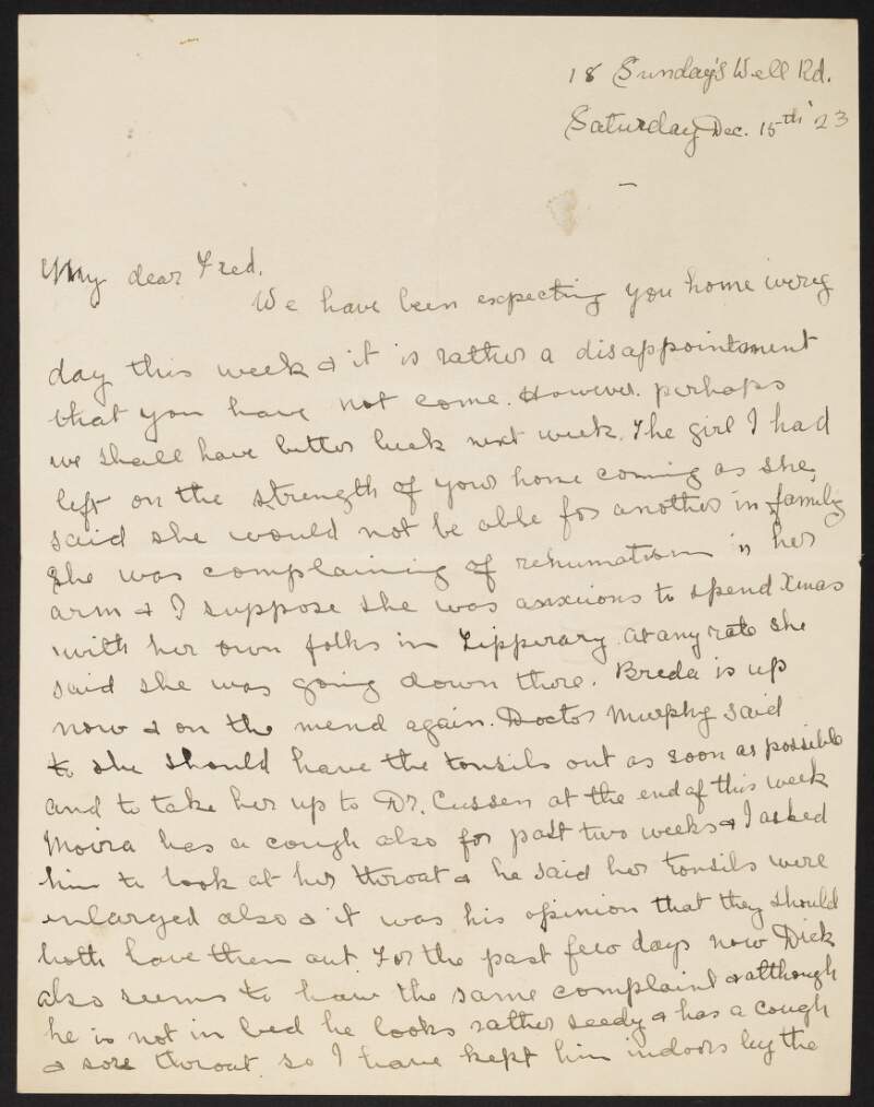 Letter from "Auntie" [Mary Roche] to her brother-in-law Fred Cronin, Hare Park Camp (Curragh), Co. Kildare, regarding family matters,