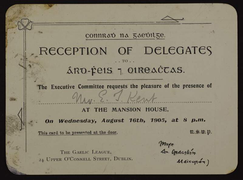 Invitation to Gaelic League Árd Fheis and Oireachtas,