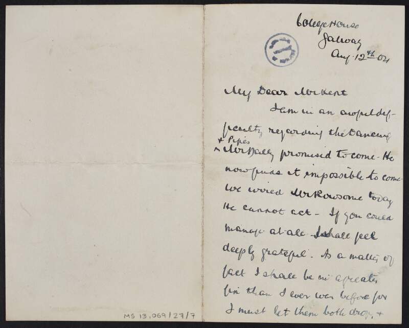 Letter from Reverend A.J. MacConsaidín [A.J. Considine] of the Gaelic League to Éamonn Ceannt concerning a pipes performance,