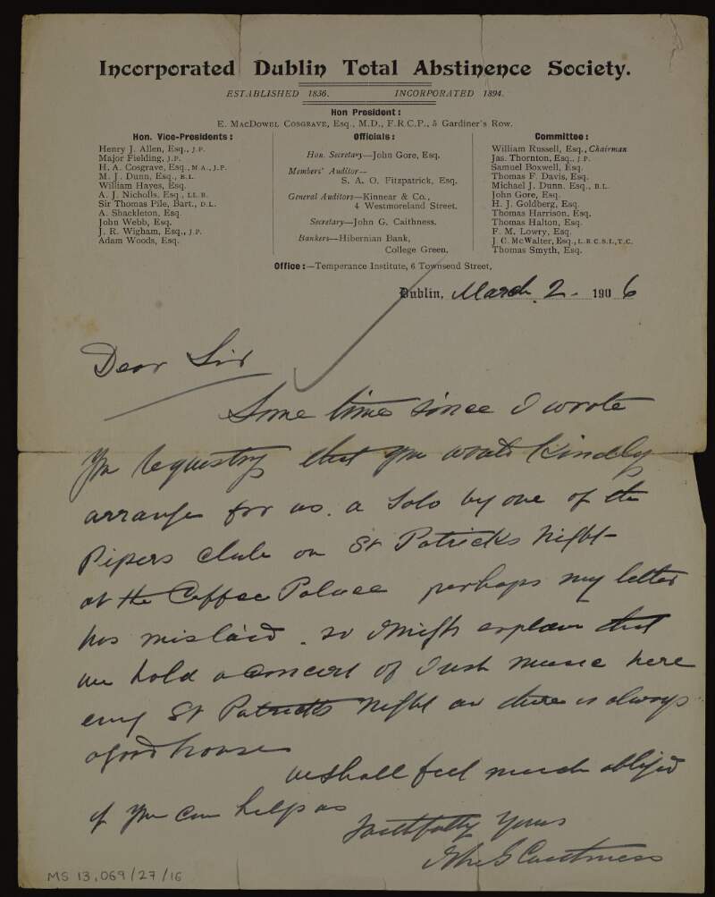 Letter from John G. Caithness, secretary of the Dublin Total Abstinence Society, to Éamonn Ceannt requesting a piper for a St. Patrick's Day performance,