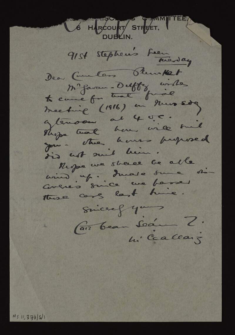 Letter from Sean T. O'Kelly to Mary Josephine Plunkett, Countess Plunkett, to arrange a meeting with George Gavan Duffy,