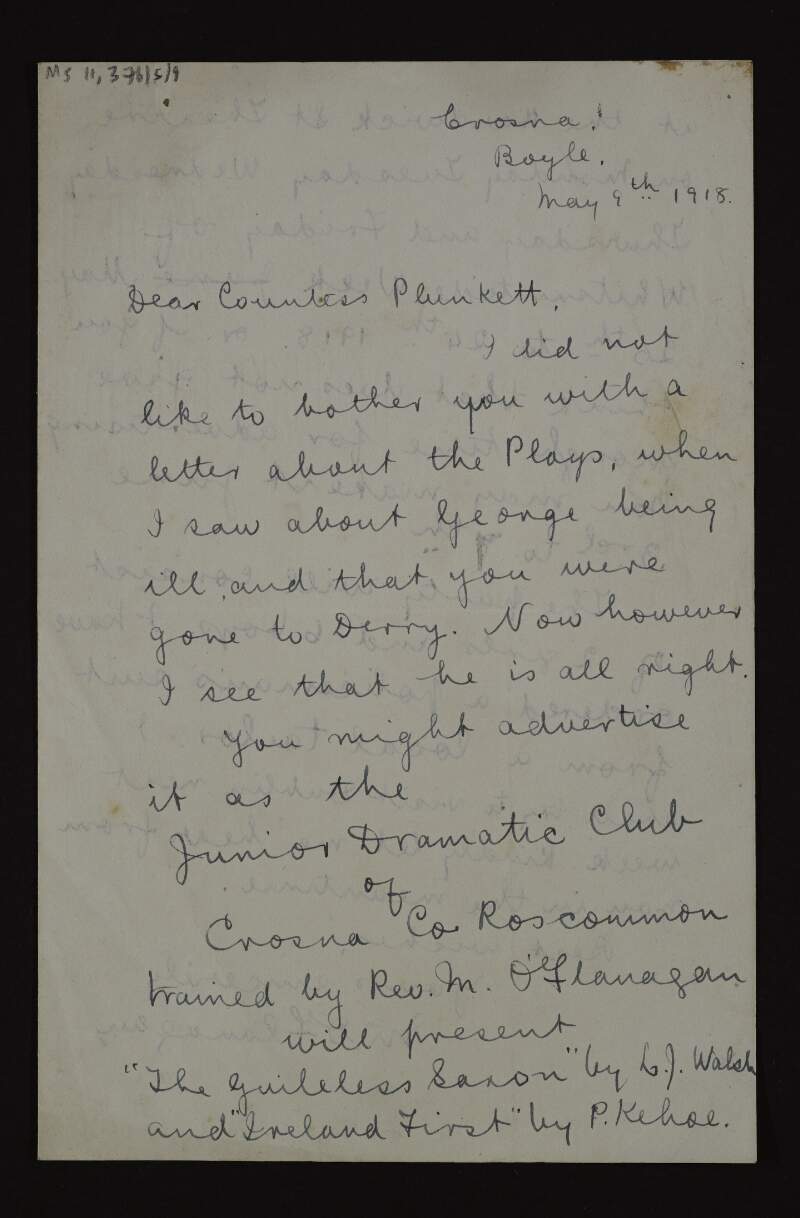Letter from Father Michael O'Flanagan to Mary Josephine Plunkett, Countess Plunkett, asking her if she could advertise his theatre group "The Junior Dramatic Club of Crossna, Co Roscommon",