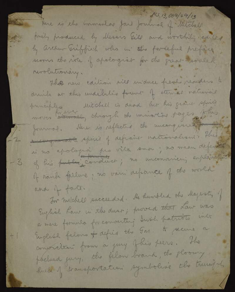 Draft review of the "Jail Journal" of John Mitchel by Éamonn Ceannt,