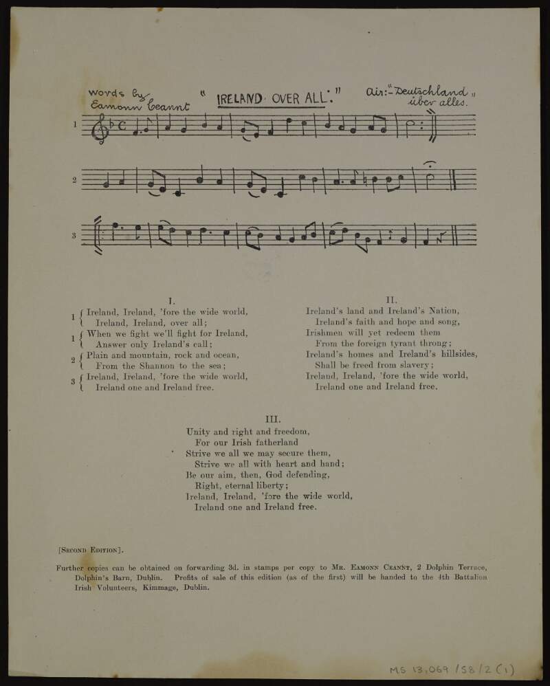 Music and lyrics to 'Ireland over all' (second edition),