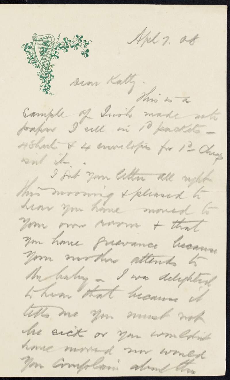 Letter from Tom Clarke to Kathleen Clarke regarding her health and his housekeeping,