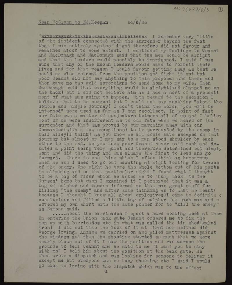 Account by Sean McGlynn for Ed Keegan of his experiences during the surrender of the 4th Battalion after the Easter Rising,