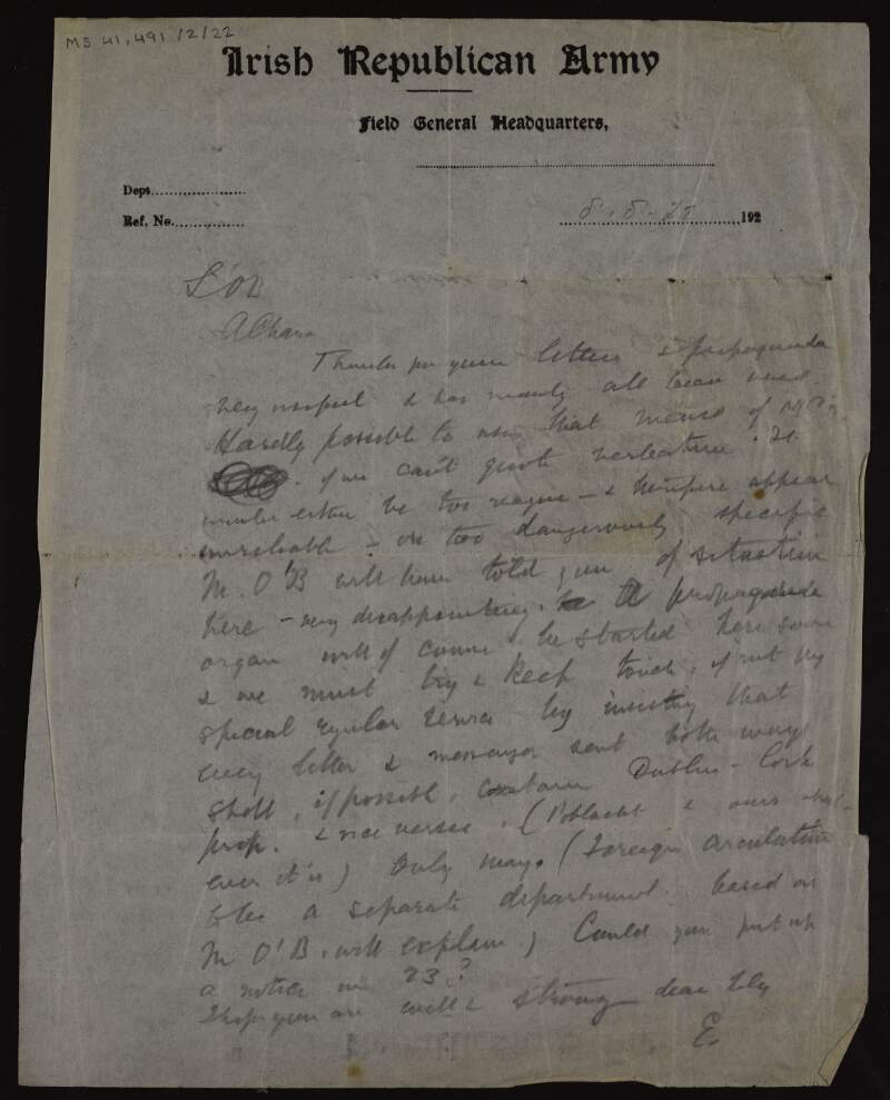 Letter from Erskine Childers to Lily O'Brennan concerning Irish Republican Army propaganda,