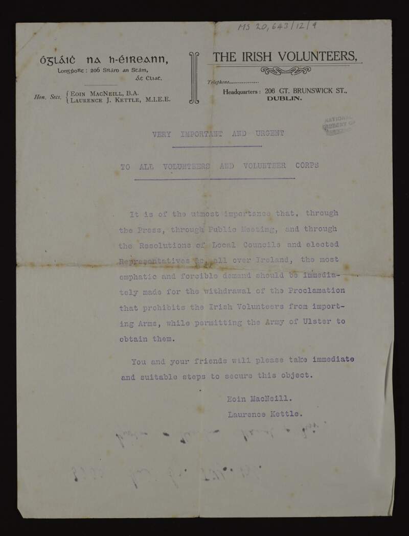 Notice to Irish Volunteers and Volunteer Corps asking for their support in demanding the withdrawal of the proclamation that prohibits the Irish Volunteers from importing arms,