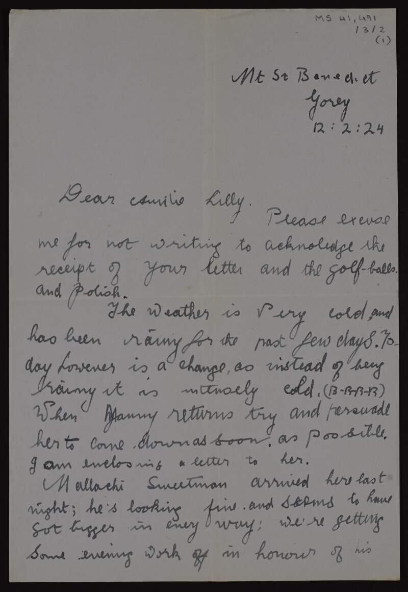 Letter from Rónán Ceannt to Lily O'Brennan concerning his news,