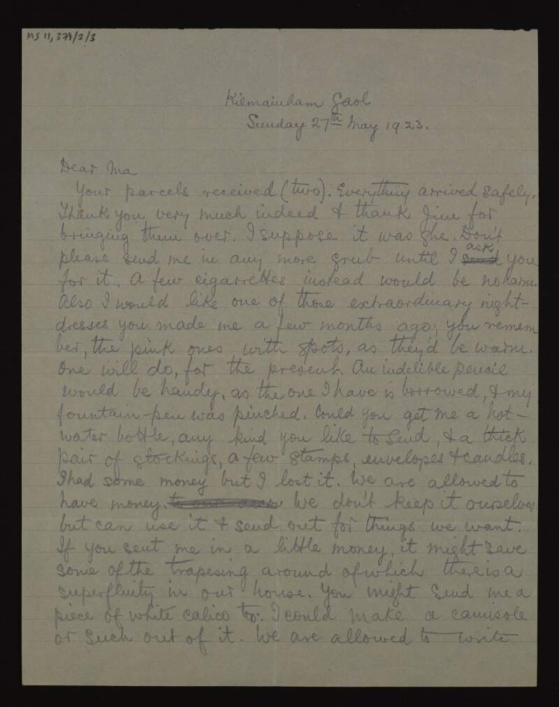 Letter from Fiona Plunkett to Mary Josephine Plunkett, Countess Plunkett, from Kilmainham Gaol, confirming the arrival of parcels, with a list of further item requests,