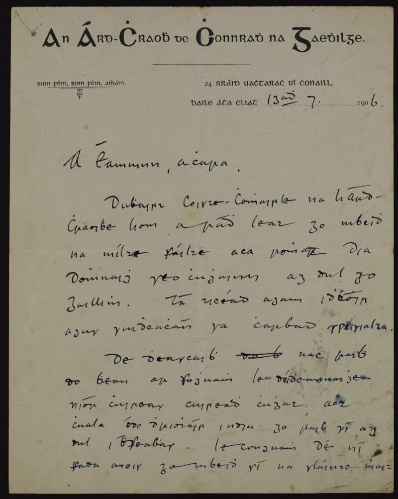 Letter to Éamonn Ceannt from the Ard-Chraobh of Connradh na Gaeilge about travelling to Galway,