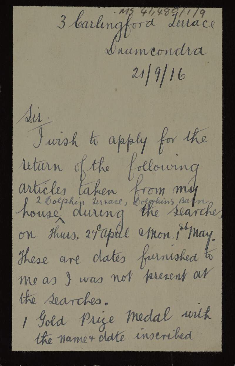Letter from Áine Ceannt to Major C. Harold Heathcote requesting the return of belongings taken form her home during military searches,