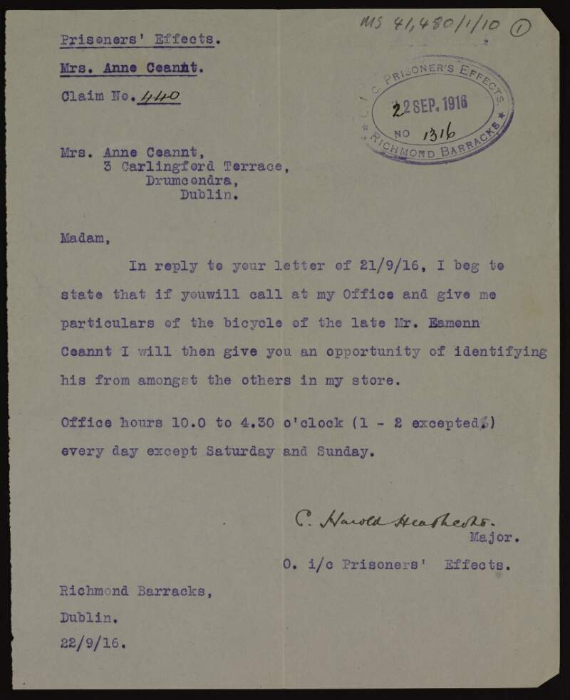 Letter from Major C. Harold Heathcote, Officer i/c Prisoners' Effects, Richmonds Barracks to Áine Ceannt regarding her late husband, Éamonn Ceannt's bicycle,