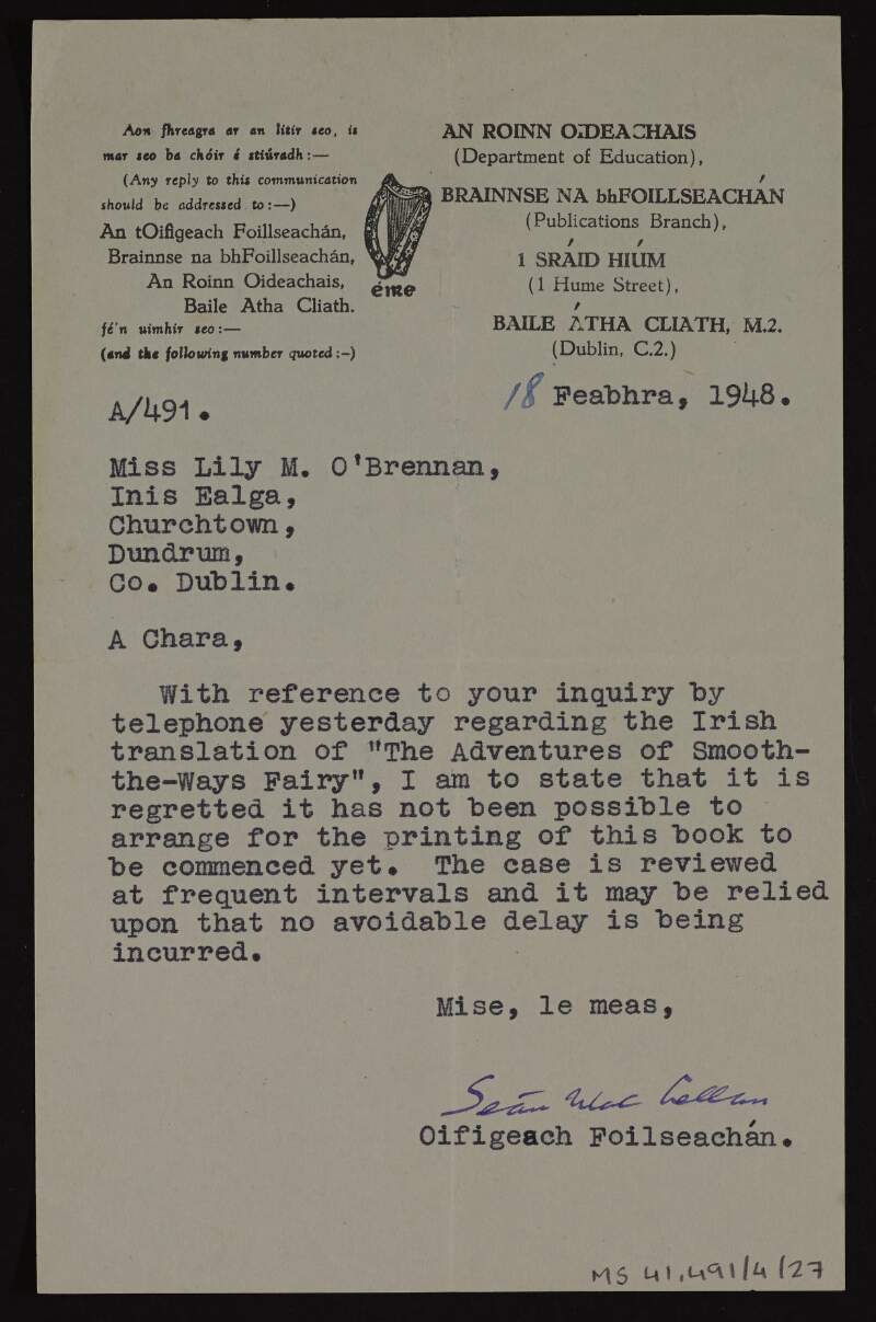 Letter from the Department of Education Publications Branch to Lily O'Brennan concerning printing of her book,