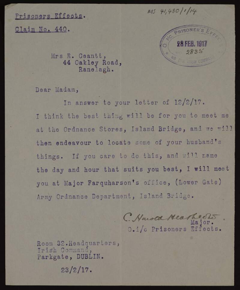 Letter from Major C. Harold Heathcote, Officer i/c Prisoners Effects to Áine Ceannt, regarding meeting to recover her late husband Éamonn Ceannt's belongings,