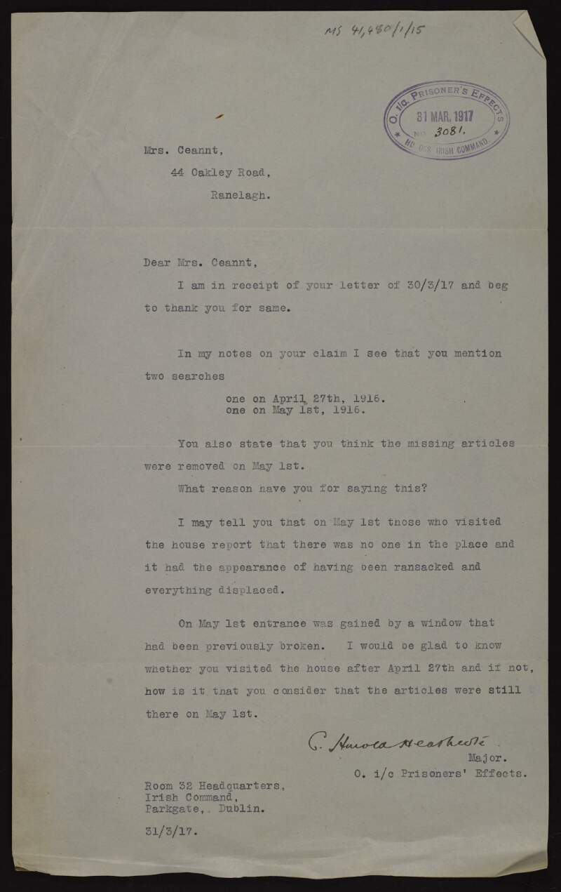 Letter from Major C. Harold Heathcote, Officer i/c Prisoners' Effects to Áine Ceannt regarding searches on her home in 1916 and items that were taken,