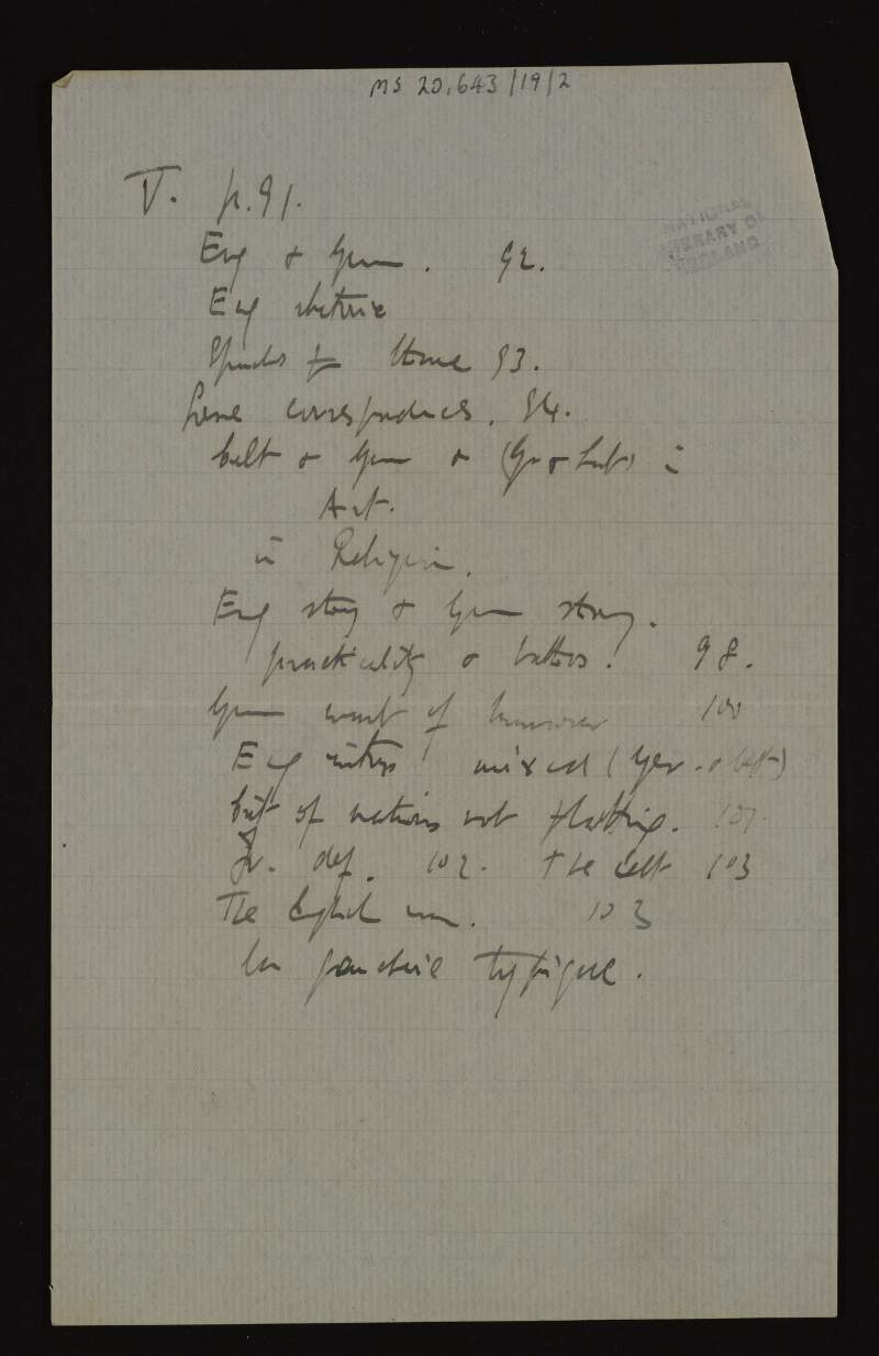 List of contents of a chapter from a book in Thomas MacDonagh's handwriting,